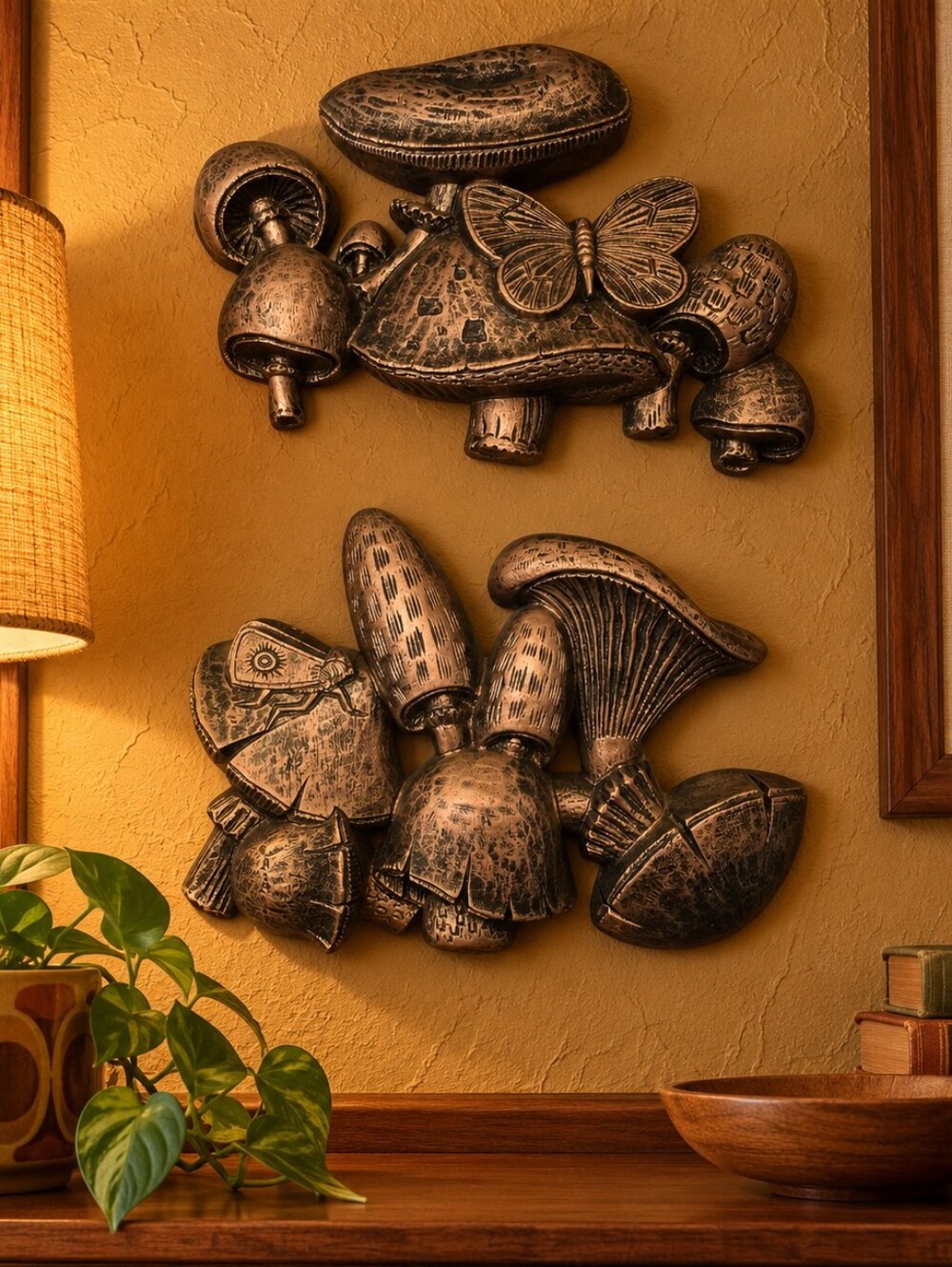Vintage 1976 Dart Industries Mushroom Butterfly Wall Plaques Set of 2